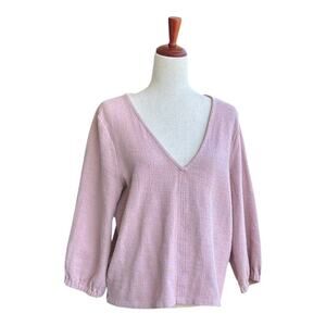 Madewell V-Neck Cotton Blouse Textured Puff Sleeve Top Blush Pink Romantic XL